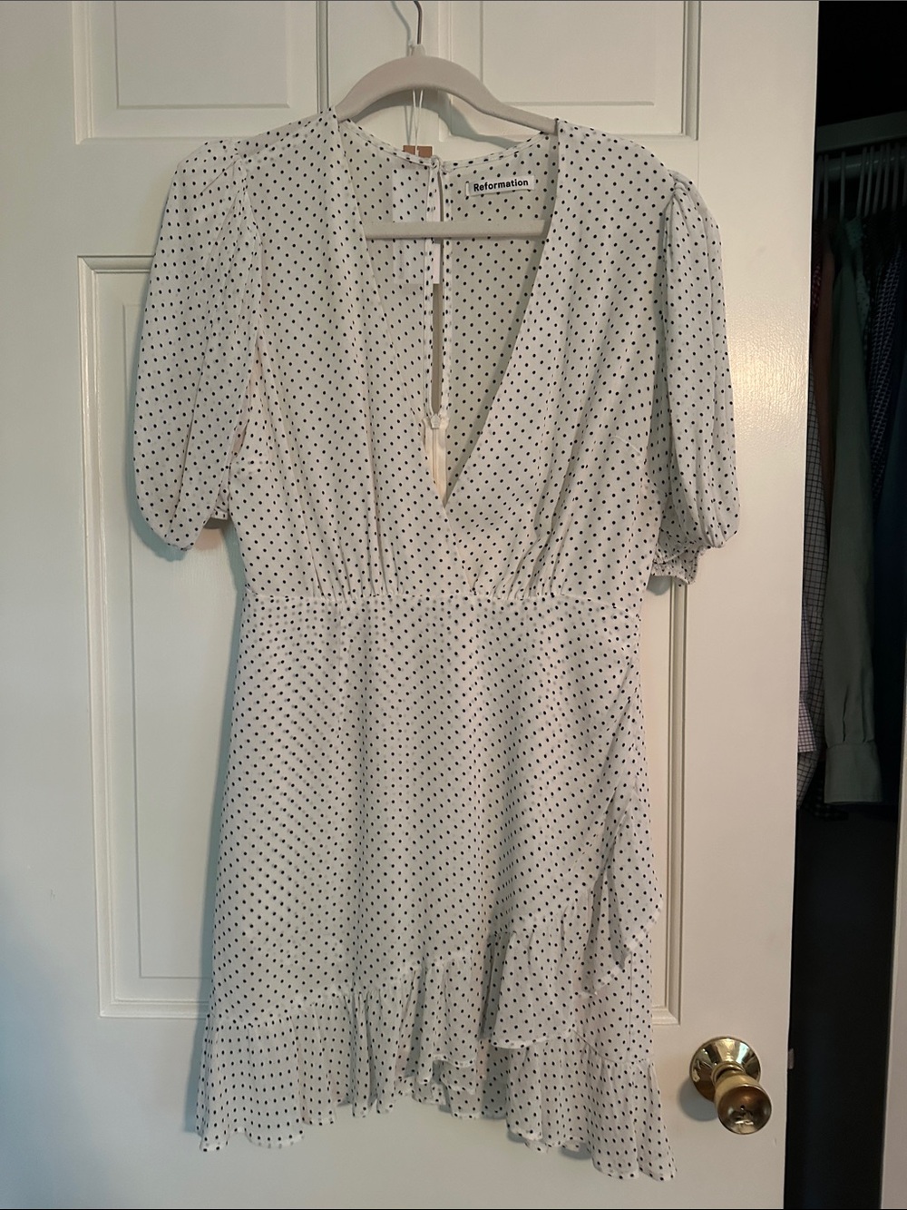 Reformation Alcott White Dress with Black Polka Dots and Ruffle Hem
